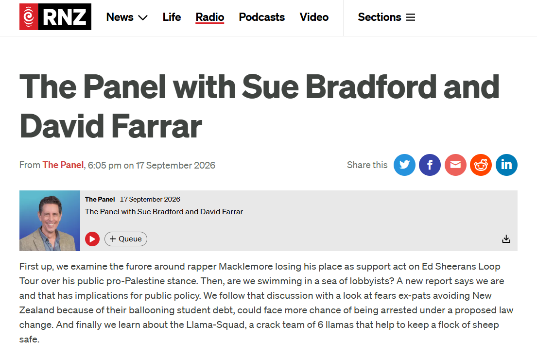 RNZ page for The Panel with Sue Bradford and David Farrar, published 17 September 2026.